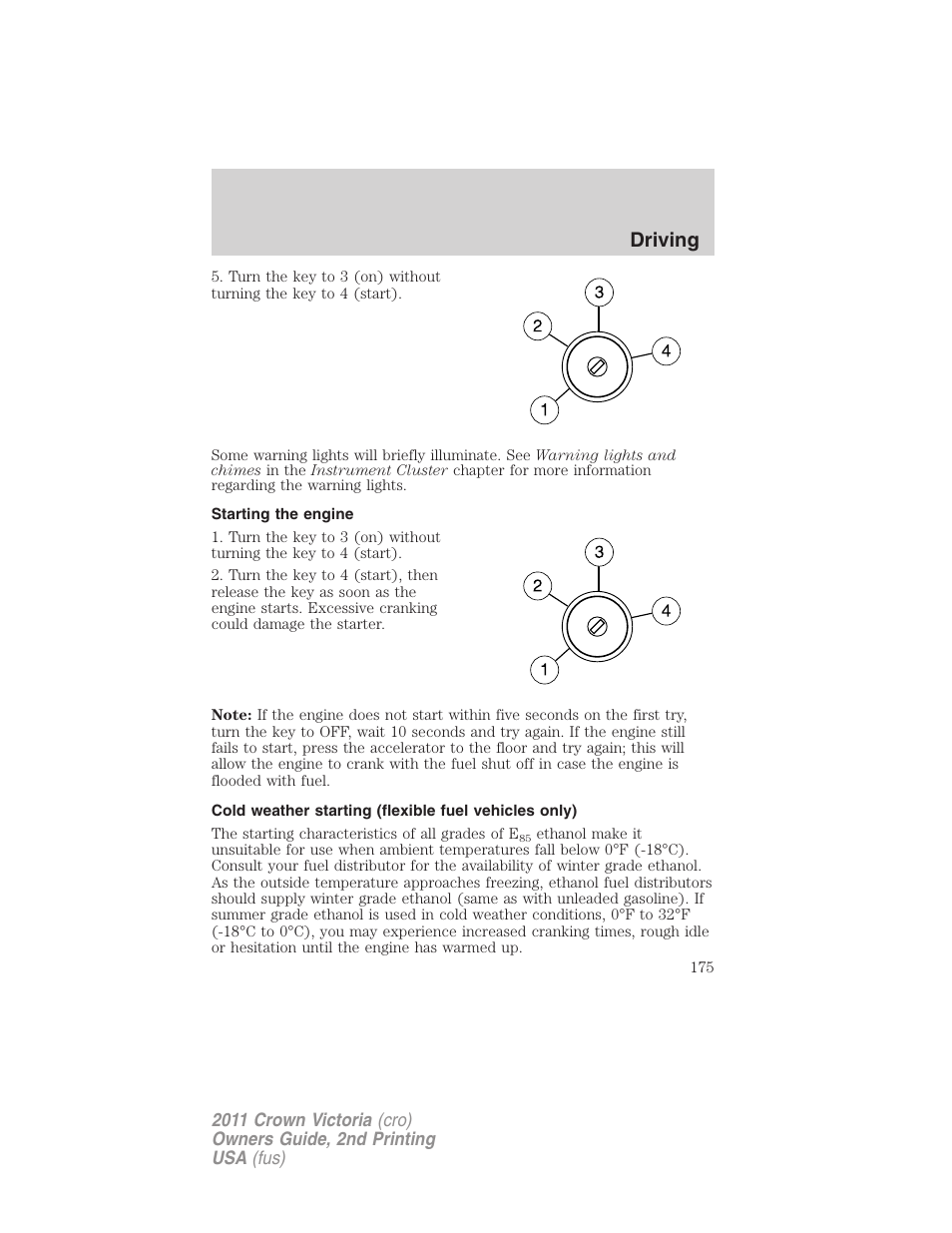 Starting the engine, Driving | FORD 2011 Crown Victoria v.2 User Manual | Page 175 / 331