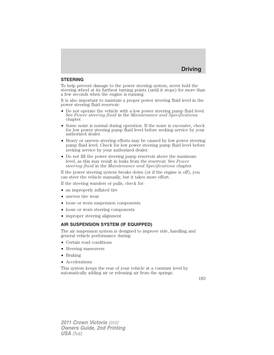 Steering, Air suspension system (if equipped), Air suspension | Driving | FORD 2011 Crown Victoria v.2 User Manual | Page 183 / 331