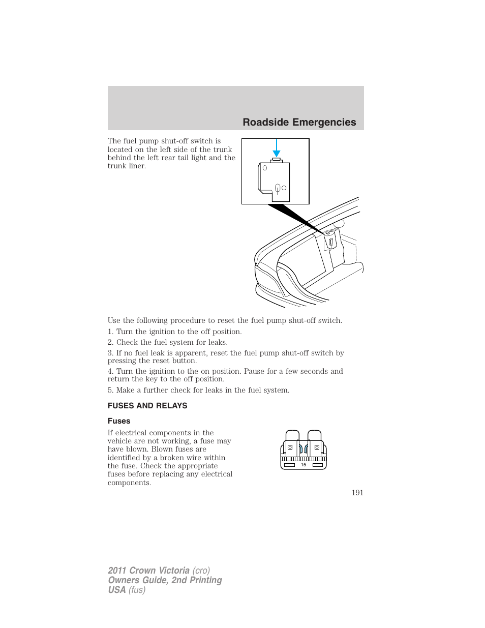 Fuses and relays, Fuses, Roadside emergencies | FORD 2011 Crown Victoria v.2 User Manual | Page 191 / 331