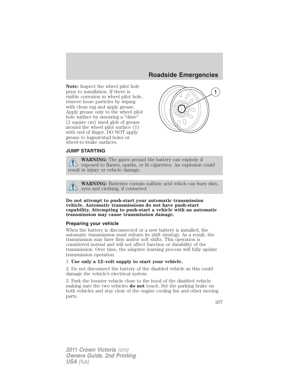 Jump starting, Preparing your vehicle, Roadside emergencies | FORD 2011 Crown Victoria v.2 User Manual | Page 207 / 331