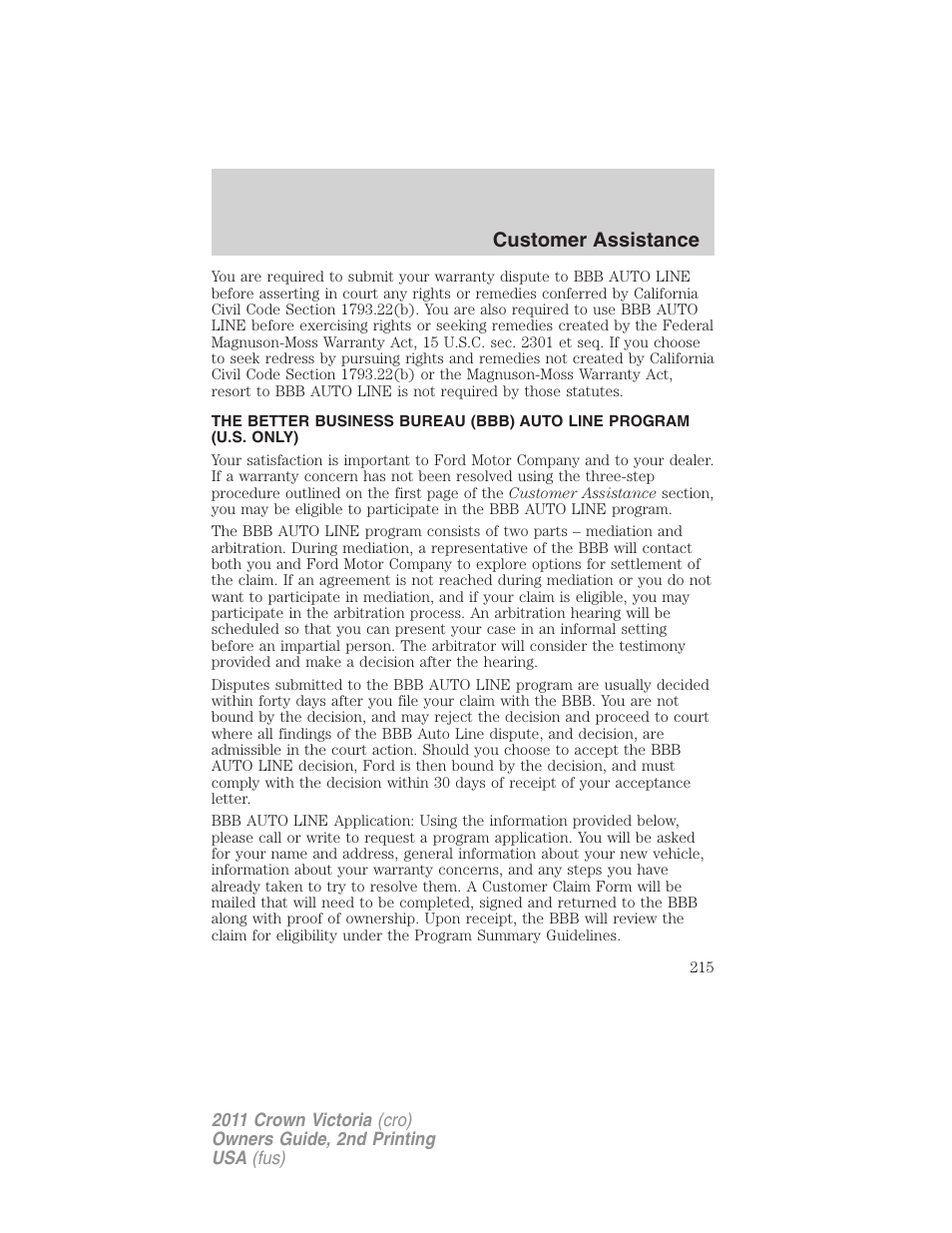 Customer assistance | FORD 2011 Crown Victoria v.2 User Manual | Page 215 / 331