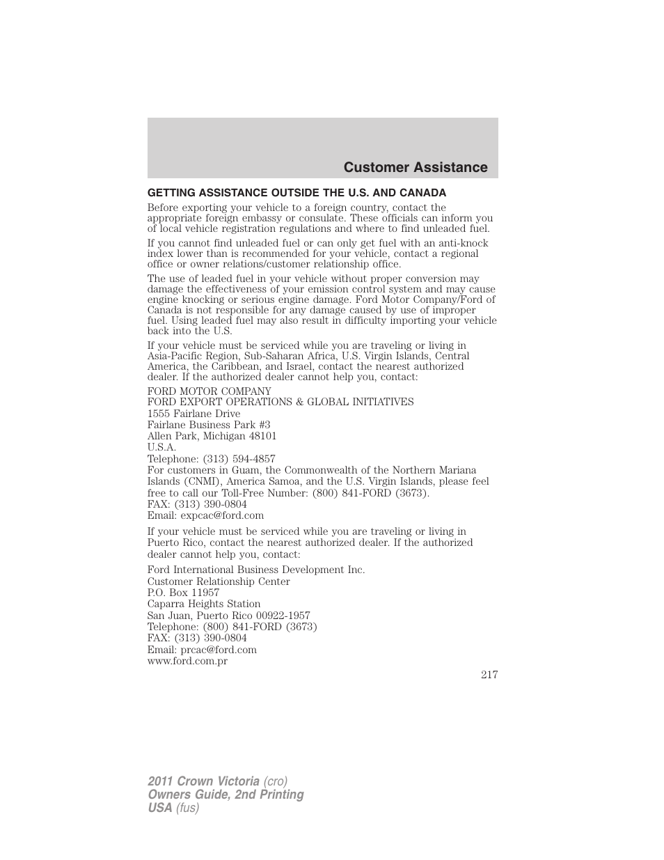 Getting assistance outside the u.s. and canada, Customer assistance | FORD 2011 Crown Victoria v.2 User Manual | Page 217 / 331