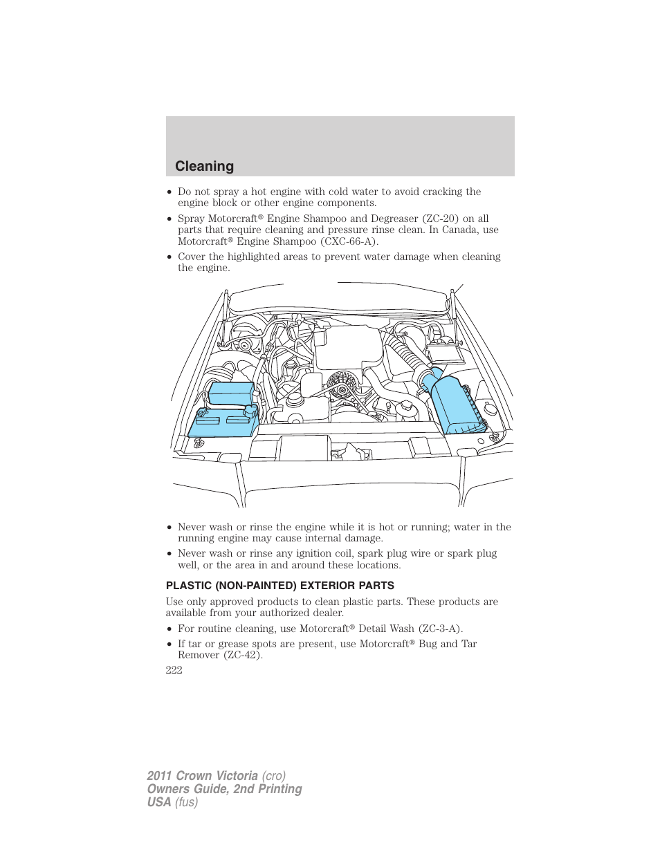 Plastic (non-painted) exterior parts, Cleaning | FORD 2011 Crown Victoria v.2 User Manual | Page 222 / 331