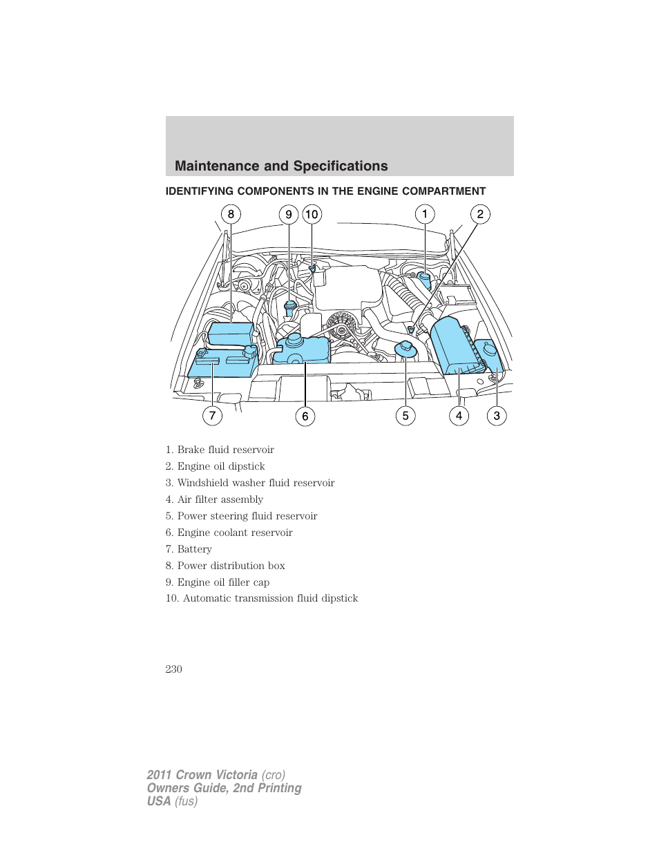 Identifying components in the engine compartment, Engine compartment, Maintenance and specifications | FORD 2011 Crown Victoria v.2 User Manual | Page 230 / 331