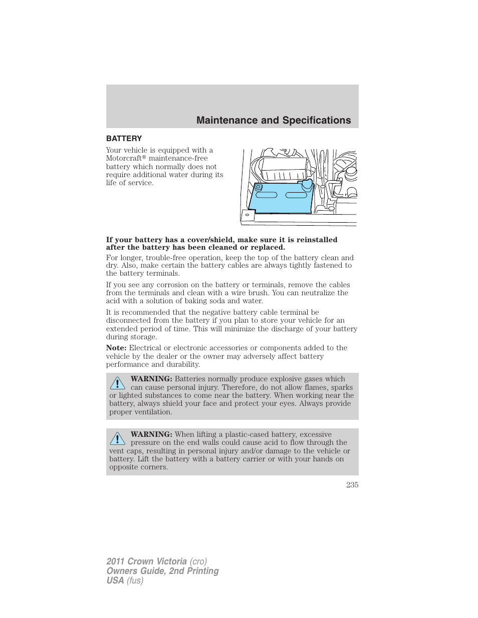 Battery, Maintenance and specifications | FORD 2011 Crown Victoria v.2 User Manual | Page 235 / 331