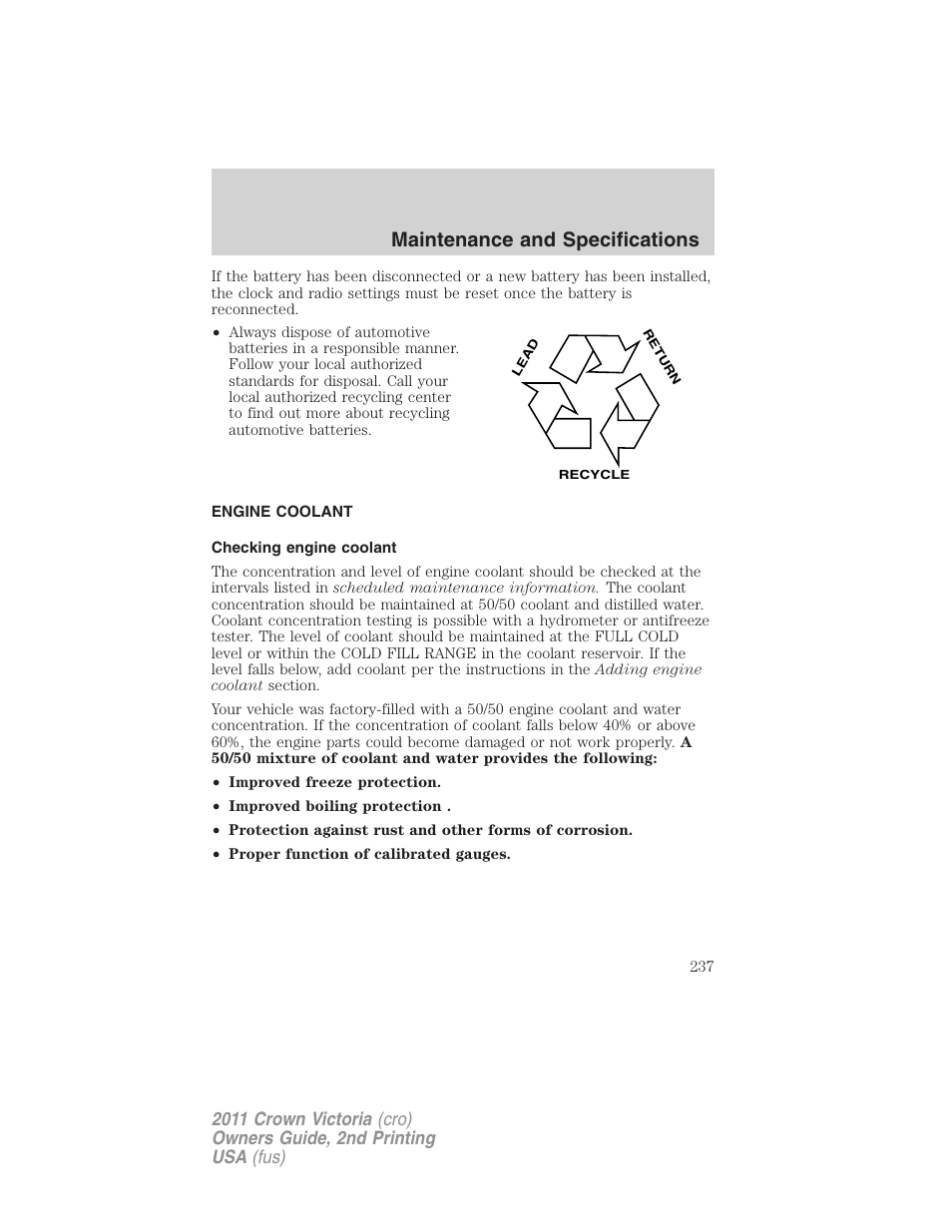 Engine coolant, Checking engine coolant, Maintenance and specifications | FORD 2011 Crown Victoria v.2 User Manual | Page 237 / 331