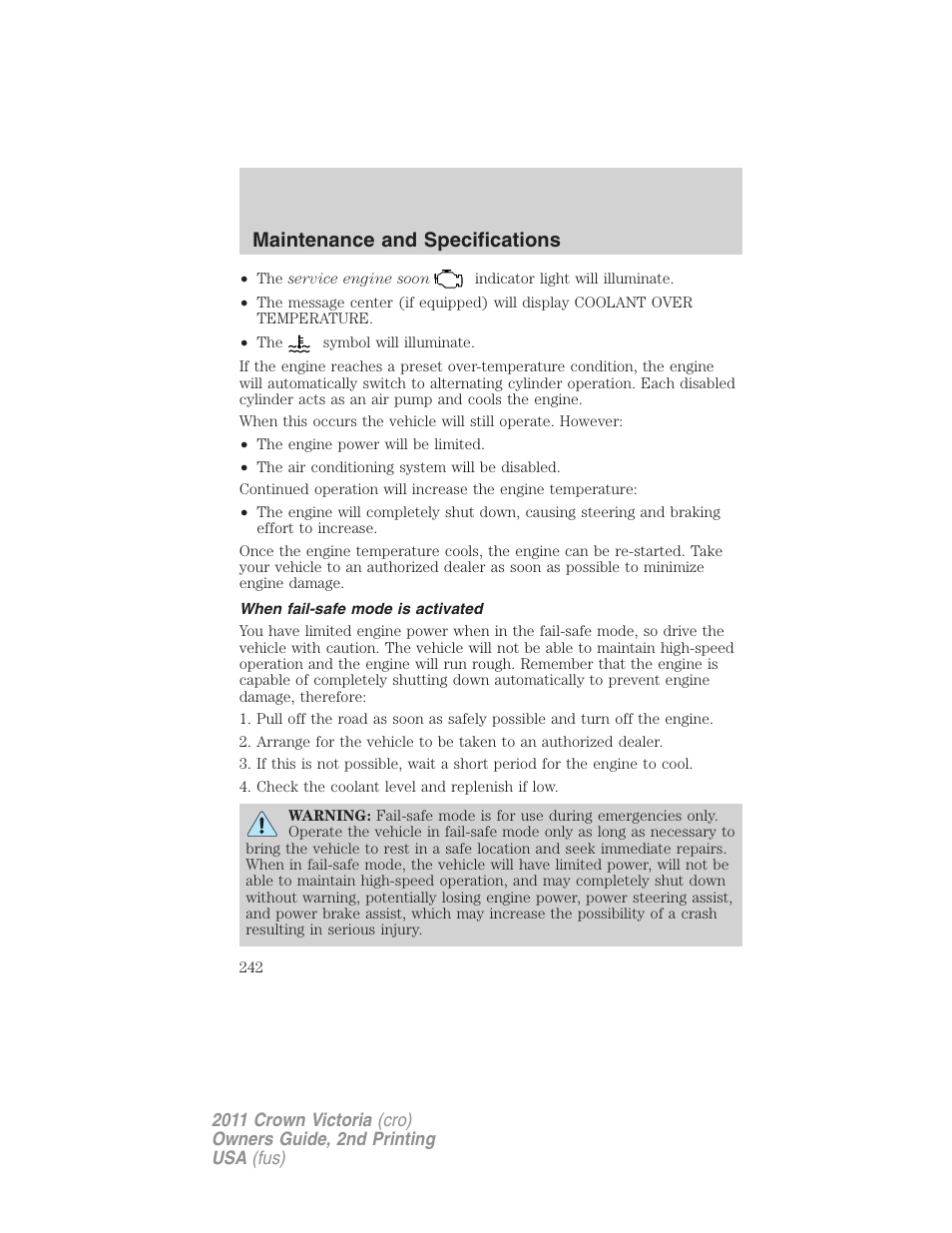 When fail-safe mode is activated, Maintenance and specifications | FORD 2011 Crown Victoria v.2 User Manual | Page 242 / 331