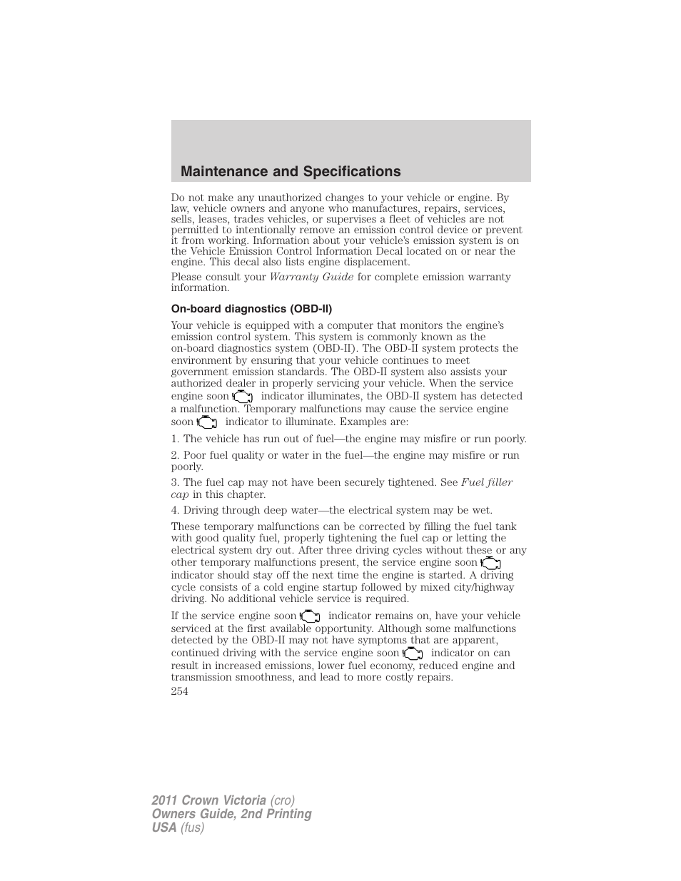 On-board diagnostics (obd-ii), Maintenance and specifications | FORD 2011 Crown Victoria v.2 User Manual | Page 254 / 331