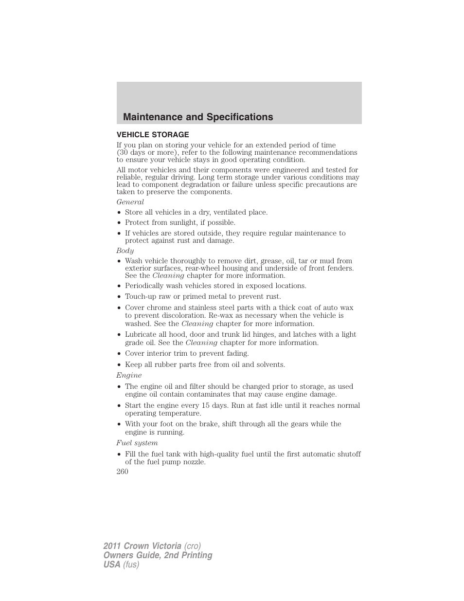 Vehicle storage, Maintenance and specifications | FORD 2011 Crown Victoria v.2 User Manual | Page 260 / 331