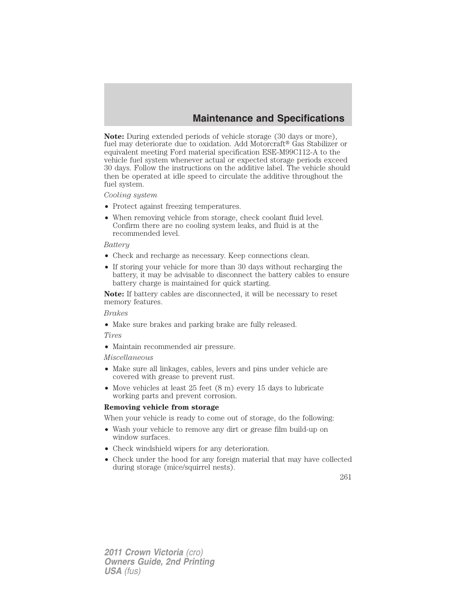 Maintenance and specifications | FORD 2011 Crown Victoria v.2 User Manual | Page 261 / 331