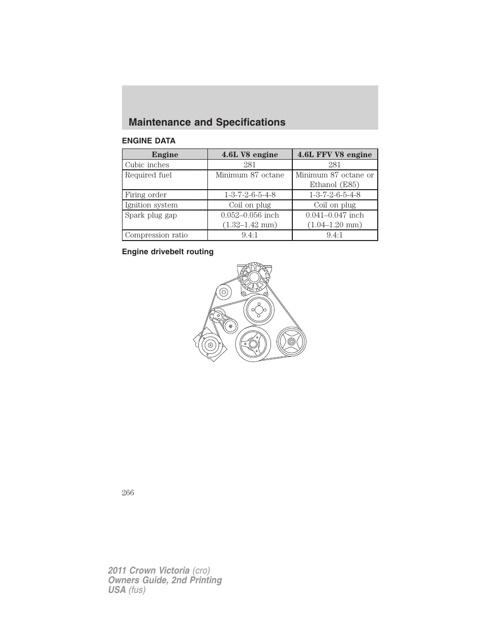 Engine data, Engine drivebelt routing, Maintenance and specifications | FORD 2011 Crown Victoria v.2 User Manual | Page 266 / 331