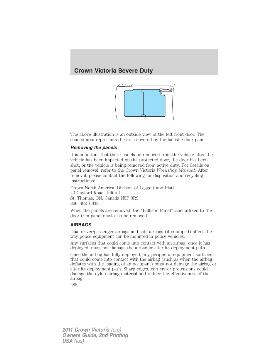 Removing the panels, Airbags, Crown victoria severe duty | FORD 2011 Crown Victoria v.2 User Manual | Page 288 / 331