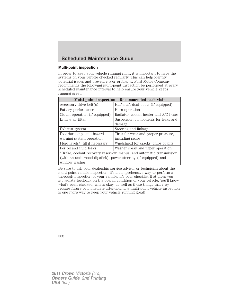 Multi-point inspection, Scheduled maintenance guide | FORD 2011 Crown Victoria v.2 User Manual | Page 308 / 331