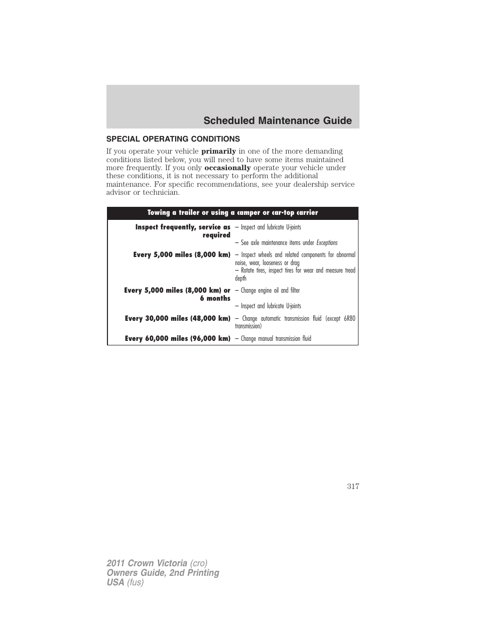 Special operating conditions, Scheduled maintenance guide | FORD 2011 Crown Victoria v.2 User Manual | Page 317 / 331