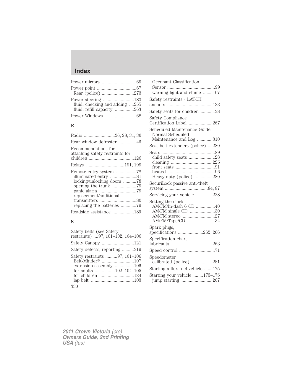 Index | FORD 2011 Crown Victoria v.2 User Manual | Page 330 / 331