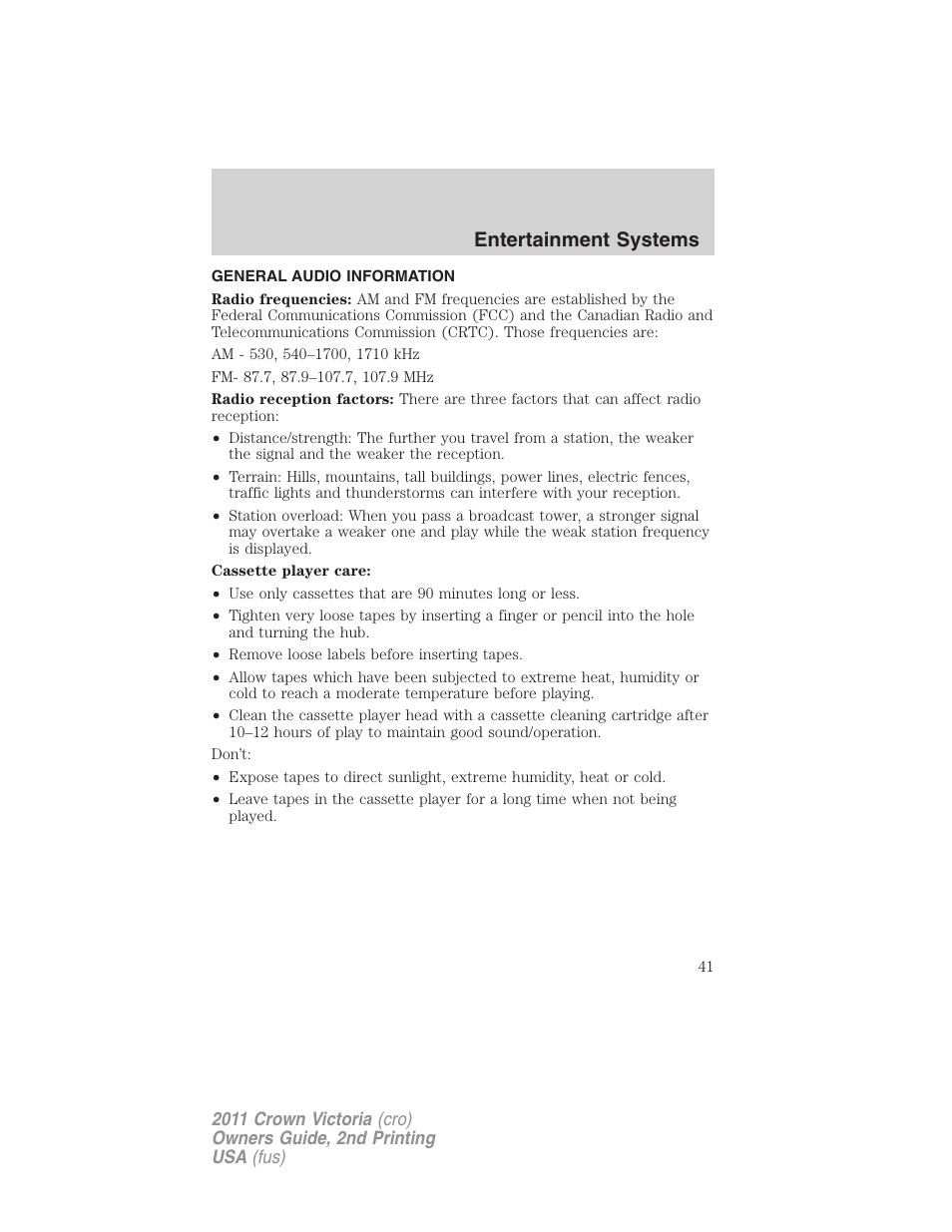 General audio information, Entertainment systems | FORD 2011 Crown Victoria v.2 User Manual | Page 41 / 331