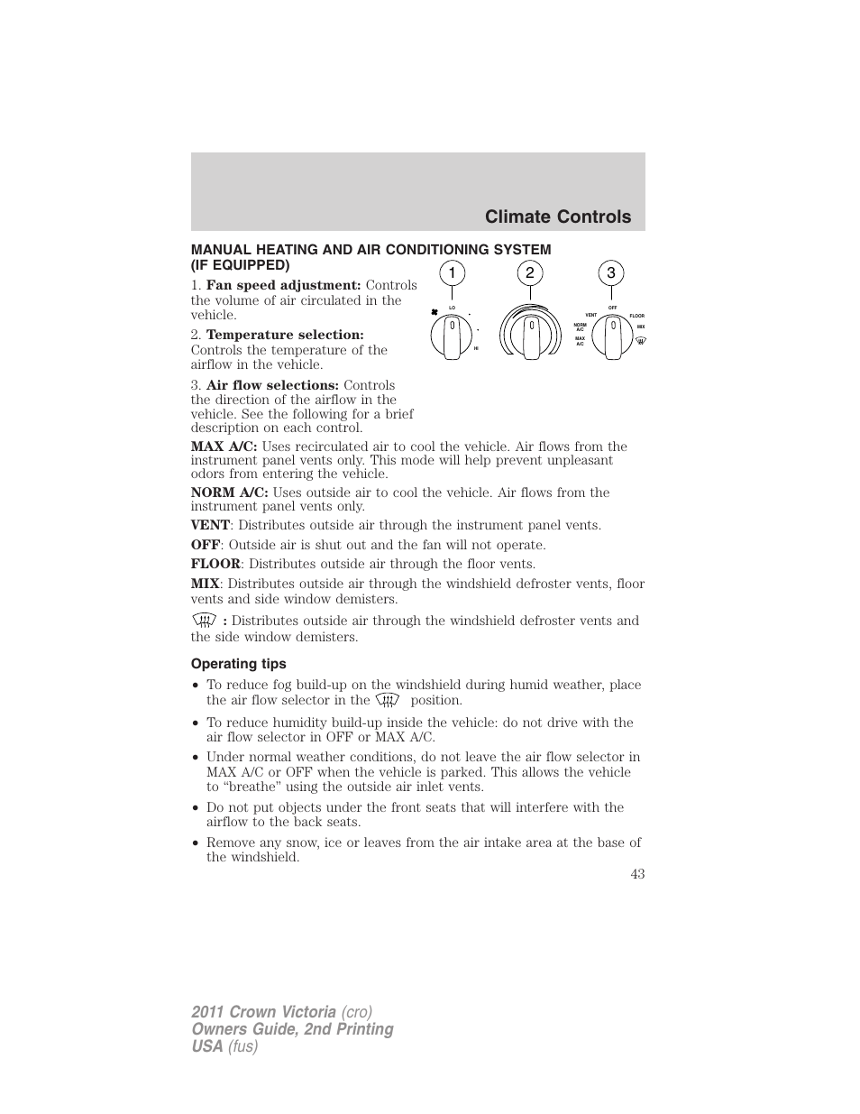 Climate controls, Operating tips, Manual heating and air conditioning | FORD 2011 Crown Victoria v.2 User Manual | Page 43 / 331