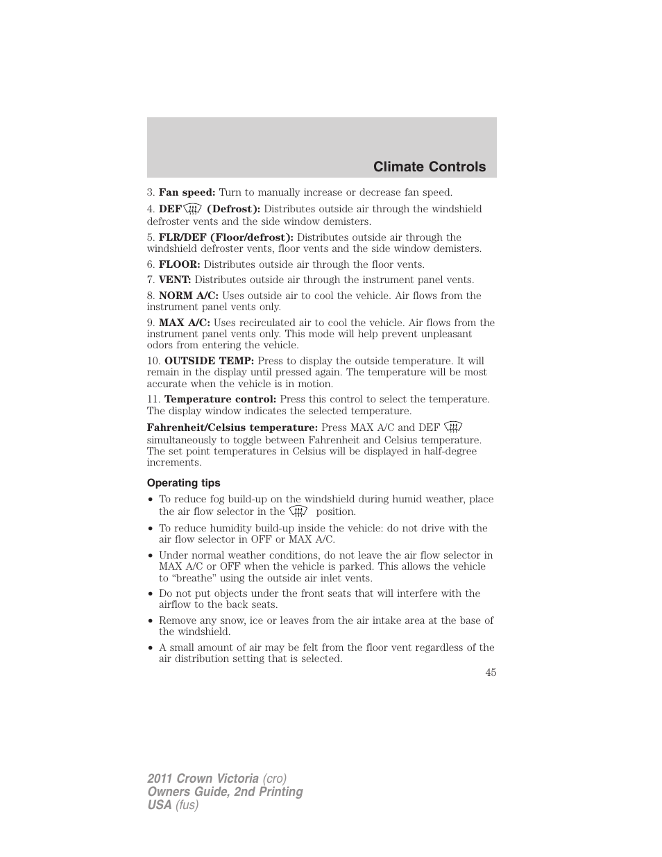 Operating tips, Climate controls | FORD 2011 Crown Victoria v.2 User Manual | Page 45 / 331