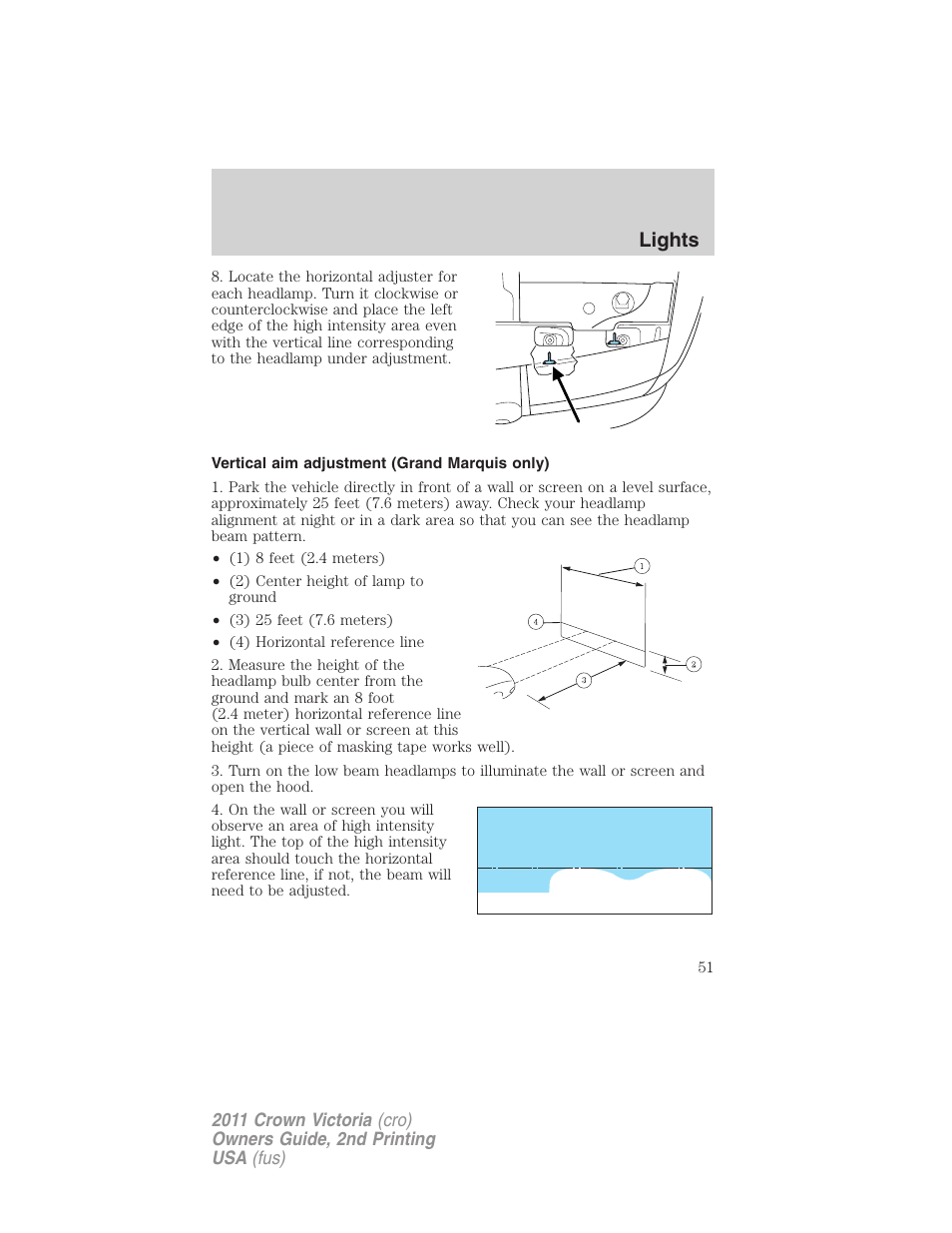 Vertical aim adjustment (grand marquis only), Lights | FORD 2011 Crown Victoria v.2 User Manual | Page 51 / 331