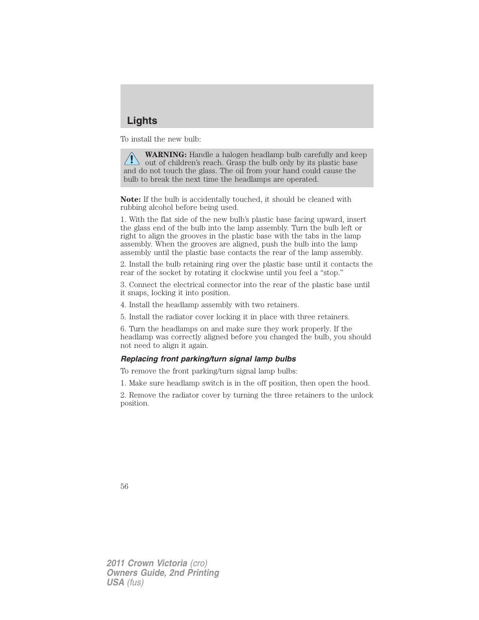 Replacing front parking/turn signal lamp bulbs, Lights | FORD 2011 Crown Victoria v.2 User Manual | Page 56 / 331