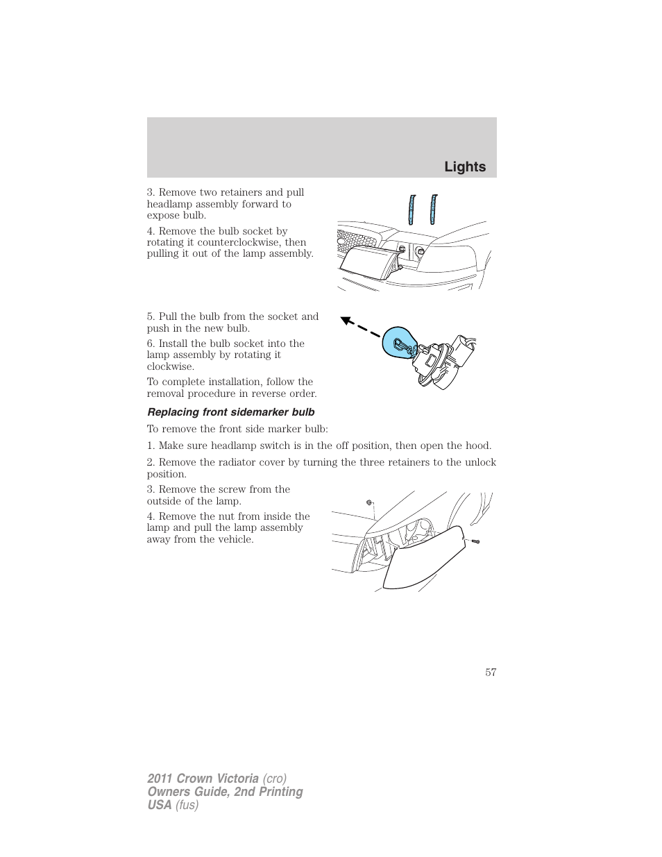 Replacing front sidemarker bulb, Lights | FORD 2011 Crown Victoria v.2 User Manual | Page 57 / 331