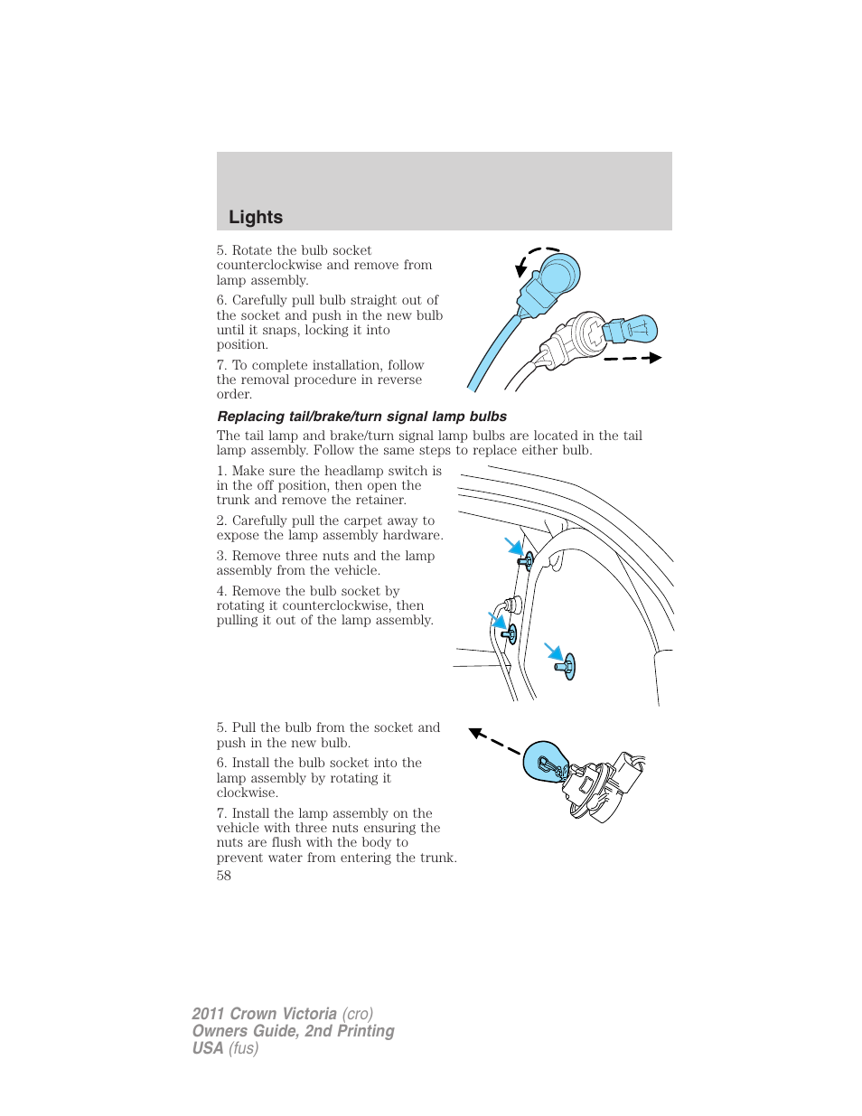 Replacing tail/brake/turn signal lamp bulbs, Lights | FORD 2011 Crown Victoria v.2 User Manual | Page 58 / 331