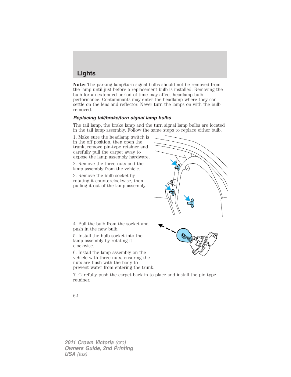 Replacing tail/brake/turn signal lamp bulbs, Lights | FORD 2011 Crown Victoria v.2 User Manual | Page 62 / 331