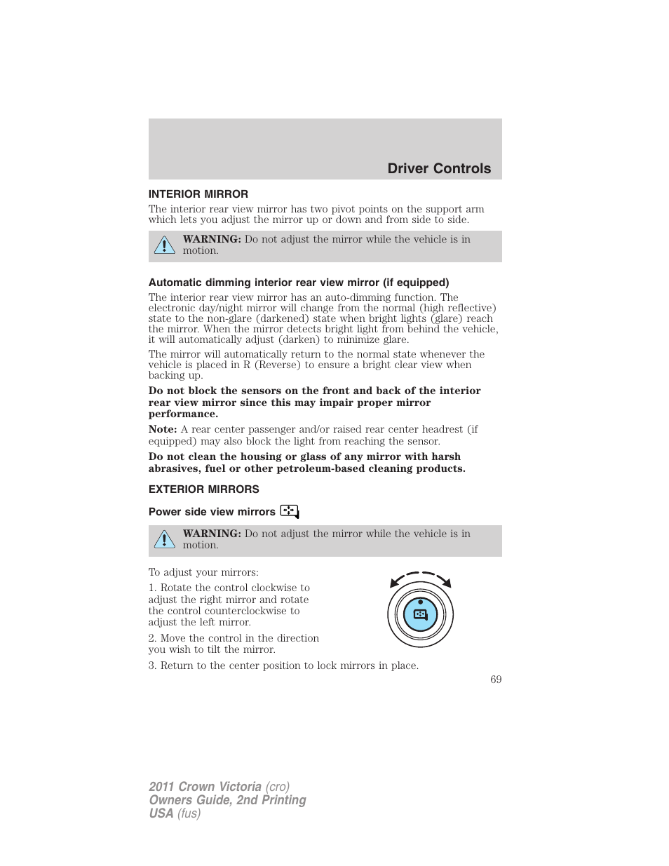 Interior mirror, Exterior mirrors, Power side view mirrors | Mirrors, Driver controls | FORD 2011 Crown Victoria v.2 User Manual | Page 69 / 331