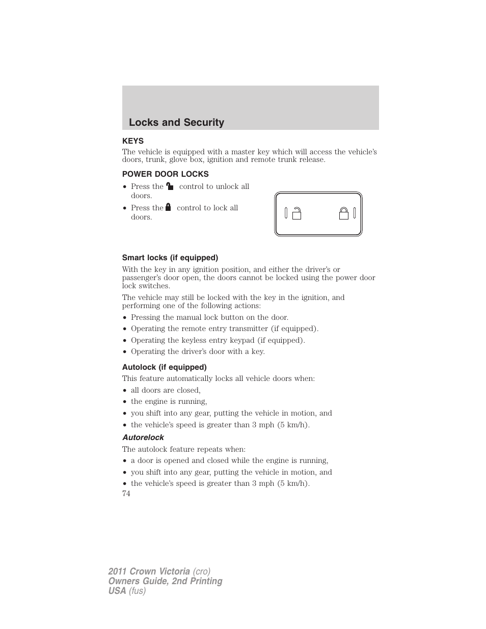 Locks and security, Keys, Power door locks | Smart locks (if equipped), Autolock (if equipped), Autorelock, Locks | FORD 2011 Crown Victoria v.2 User Manual | Page 74 / 331