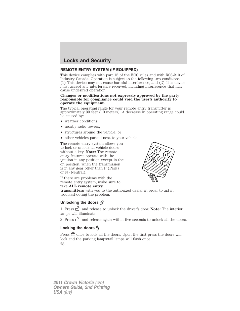 Remote entry system (if equipped), Unlocking the doors, Locking the doors | Locks and security | FORD 2011 Crown Victoria v.2 User Manual | Page 78 / 331