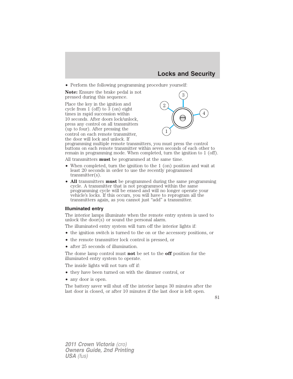 Illuminated entry, Locks and security | FORD 2011 Crown Victoria v.2 User Manual | Page 81 / 331