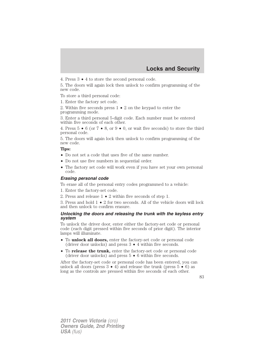 Erasing personal code, Locks and security | FORD 2011 Crown Victoria v.2 User Manual | Page 83 / 331