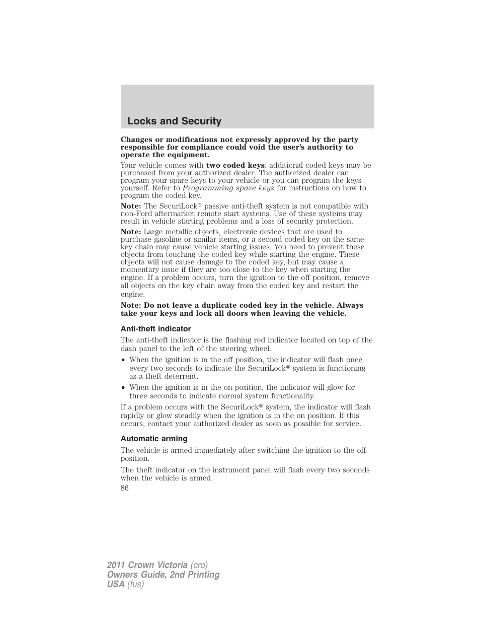 Anti-theft indicator, Automatic arming, Locks and security | FORD 2011 Crown Victoria v.2 User Manual | Page 86 / 331