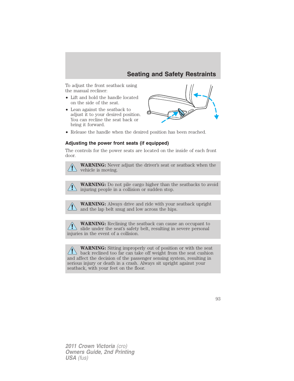 Adjusting the power front seats (if equipped), Seating and safety restraints | FORD 2011 Crown Victoria v.2 User Manual | Page 93 / 331