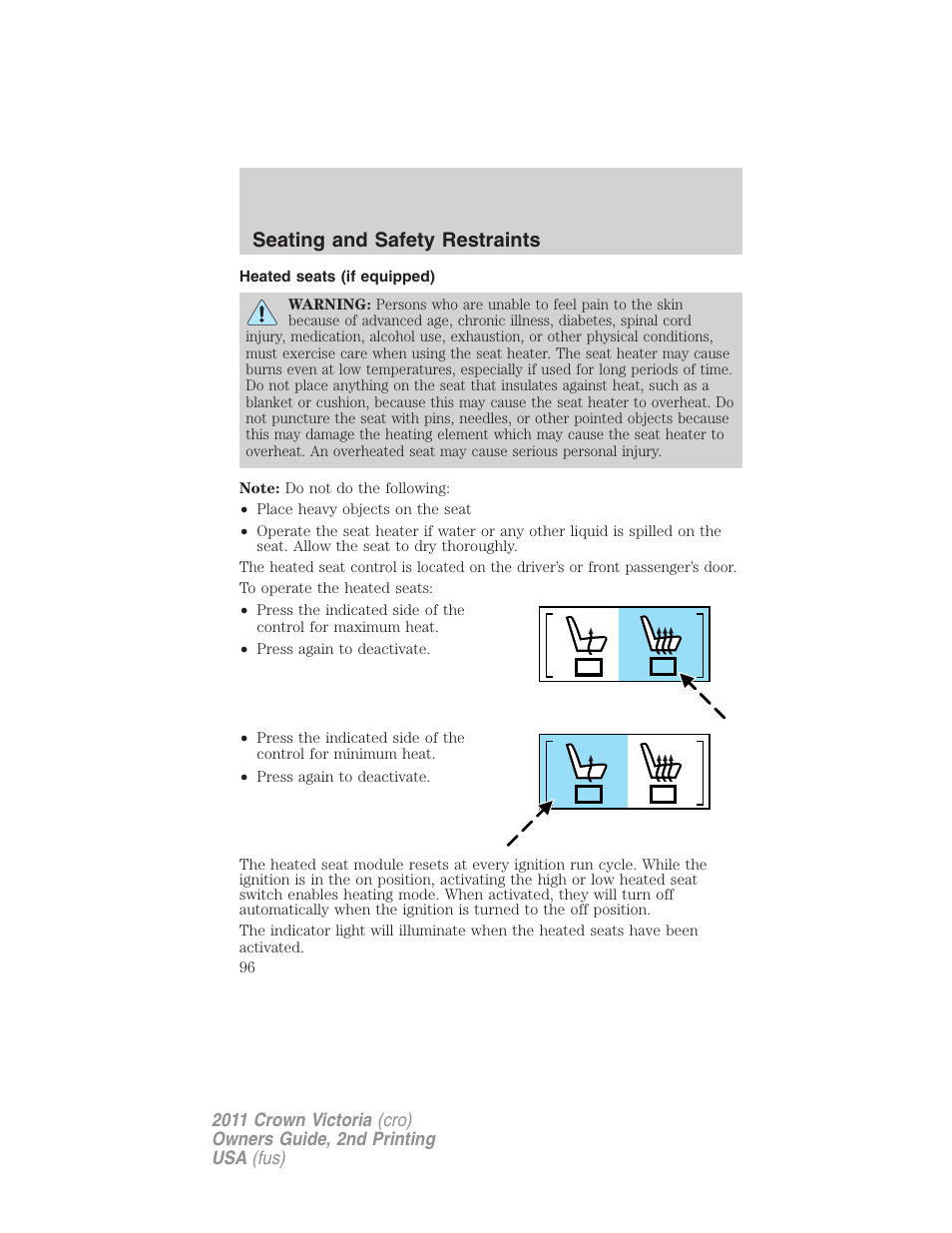 Heated seats (if equipped), Seating and safety restraints | FORD 2011 Crown Victoria v.2 User Manual | Page 96 / 331