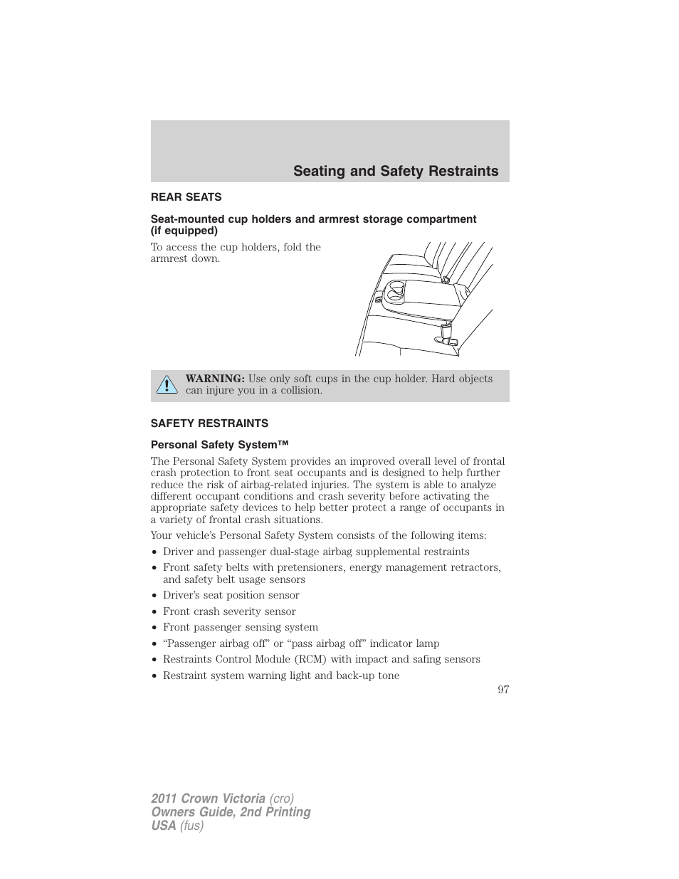 Rear seats, Safety restraints, Personal safety system | Seating and safety restraints | FORD 2011 Crown Victoria v.2 User Manual | Page 97 / 331