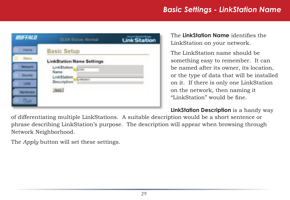 Basic settings - linkstation name | Buffalo Technology HS-DGL Series User Manual | Page 29 / 73