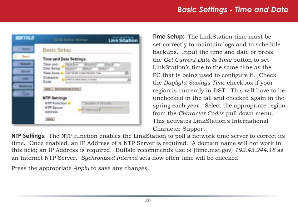 Basic settings - time and date | Buffalo Technology HS-DGL Series User Manual | Page 30 / 73