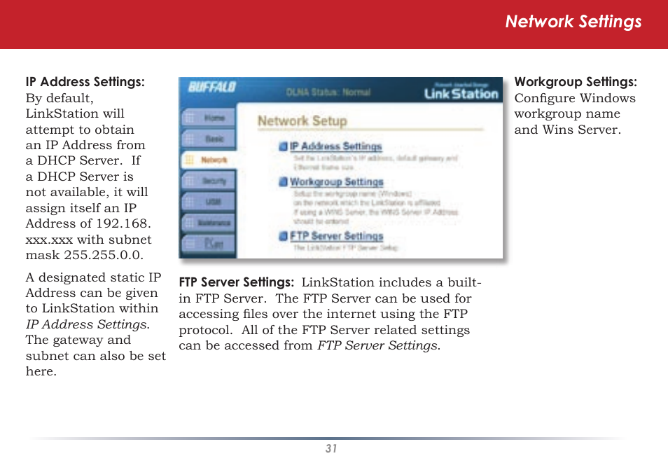 Network settings | Buffalo Technology HS-DGL Series User Manual | Page 31 / 73