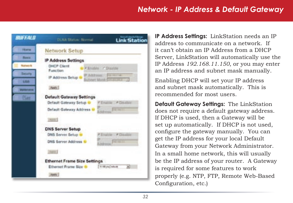 Network - ip address & default gateway | Buffalo Technology HS-DGL Series User Manual | Page 32 / 73