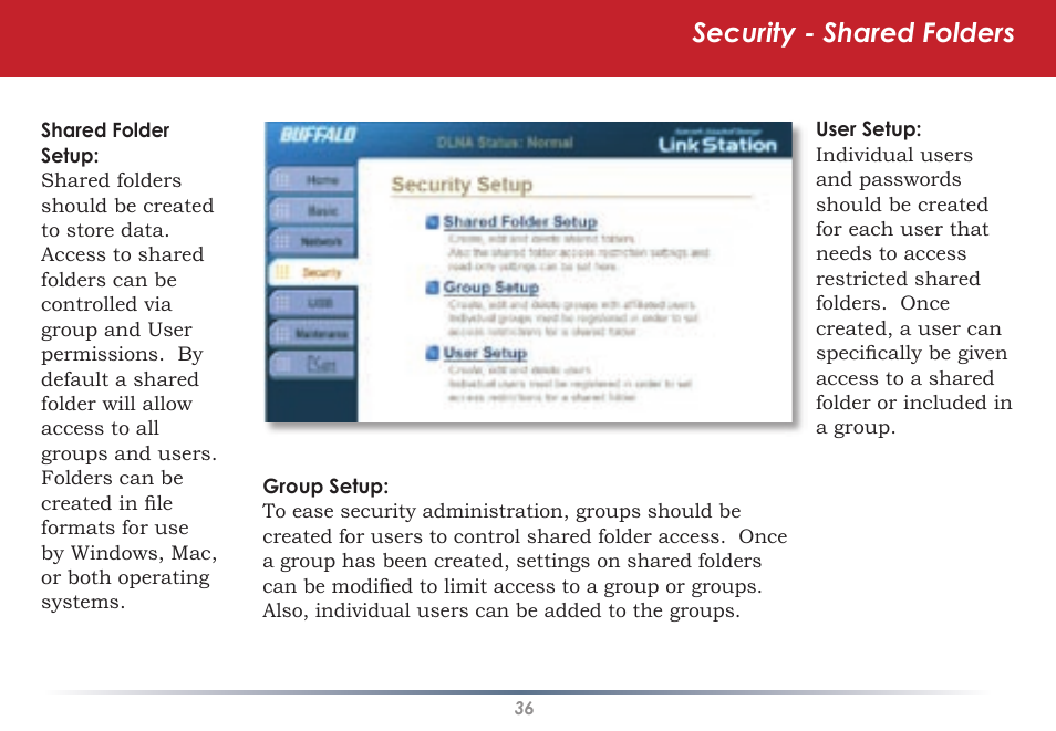 Security - shared folders | Buffalo Technology HS-DGL Series User Manual | Page 36 / 73