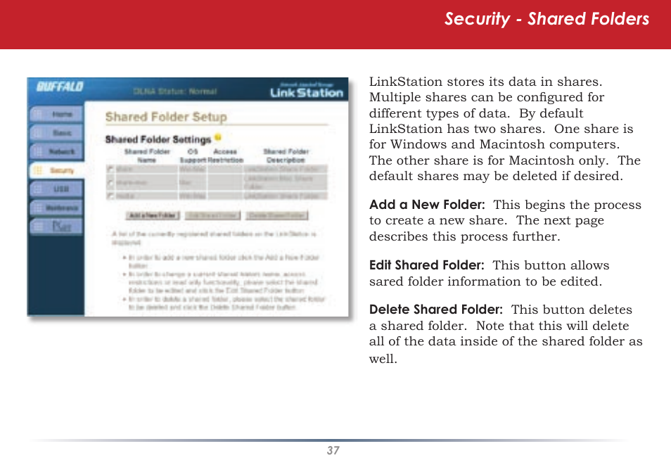 Security - shared folders | Buffalo Technology HS-DGL Series User Manual | Page 37 / 73