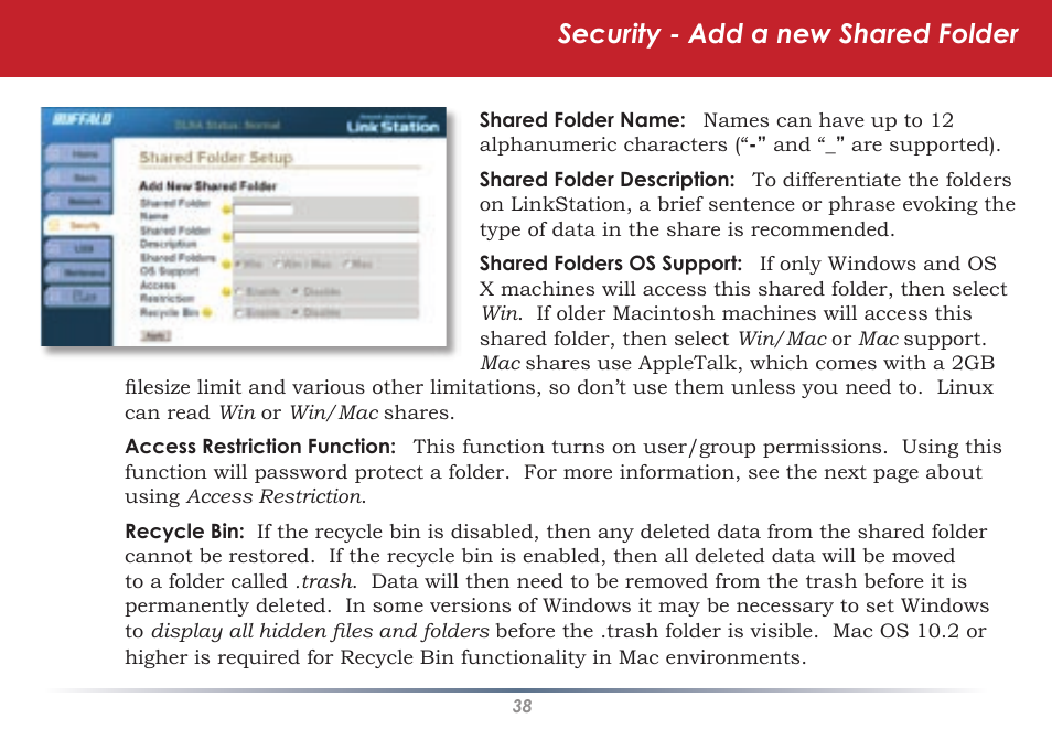 Security - add a new shared folder | Buffalo Technology HS-DGL Series User Manual | Page 38 / 73