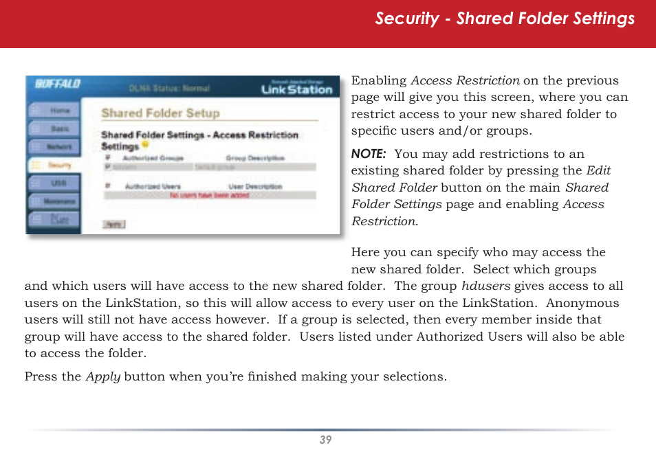 Security - shared folder settings | Buffalo Technology HS-DGL Series User Manual | Page 39 / 73