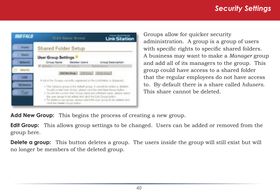 Security settings | Buffalo Technology HS-DGL Series User Manual | Page 40 / 73