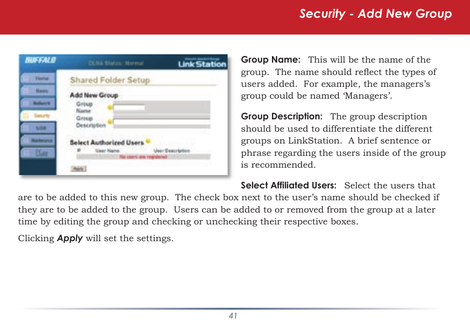Security - add new group | Buffalo Technology HS-DGL Series User Manual | Page 41 / 73