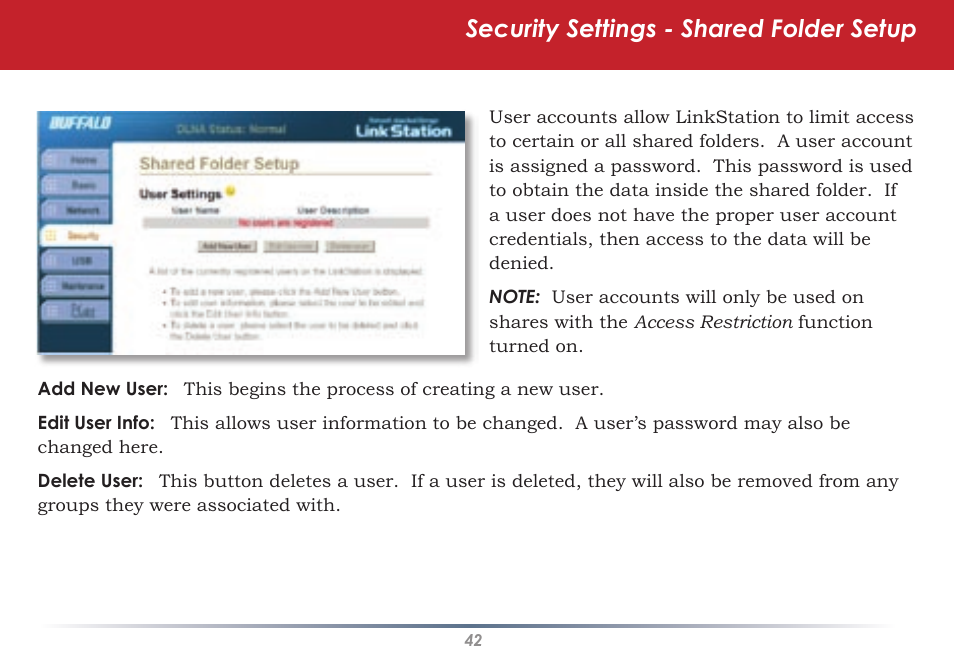 Security settings - shared folder setup | Buffalo Technology HS-DGL Series User Manual | Page 42 / 73