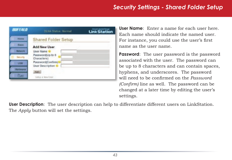 Security settings - shared folder setup | Buffalo Technology HS-DGL Series User Manual | Page 43 / 73