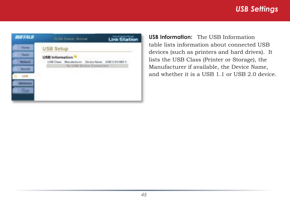 Usb settings | Buffalo Technology HS-DGL Series User Manual | Page 45 / 73