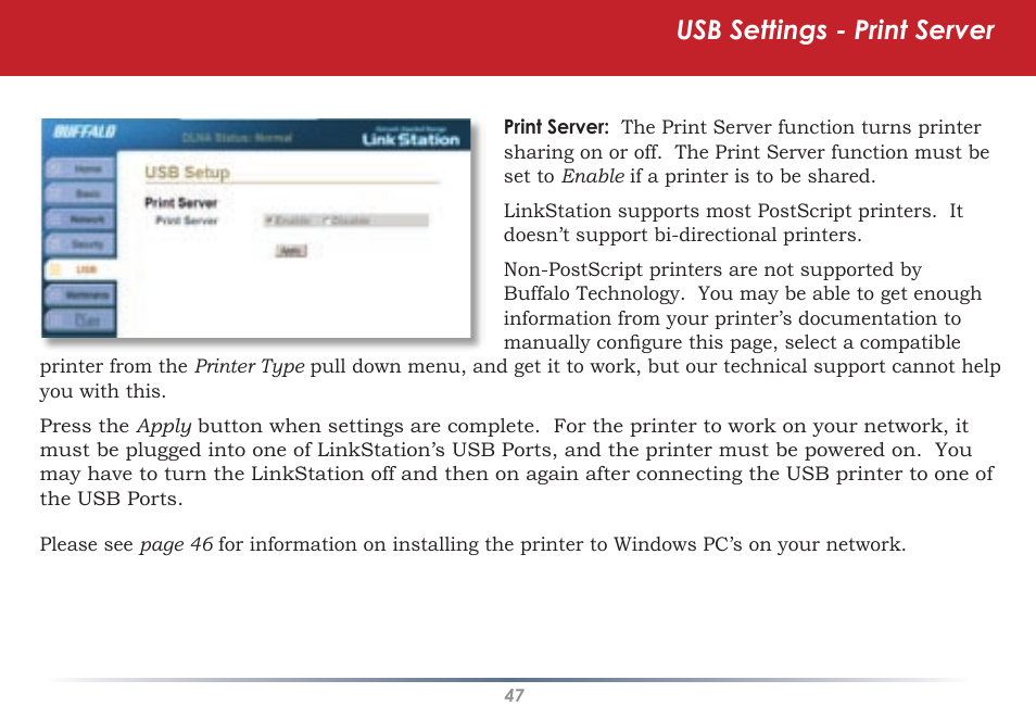 Usb settings - print server | Buffalo Technology HS-DGL Series User Manual | Page 47 / 73